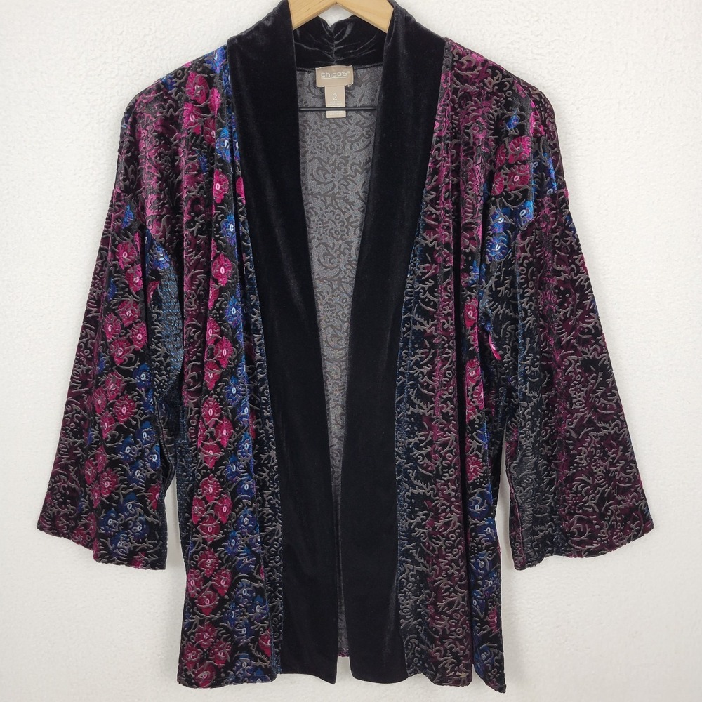 Chico's Burnout Velvet Cardigan Floral‎ Paisley Whimsigoth Fairy Grunge Sz 2